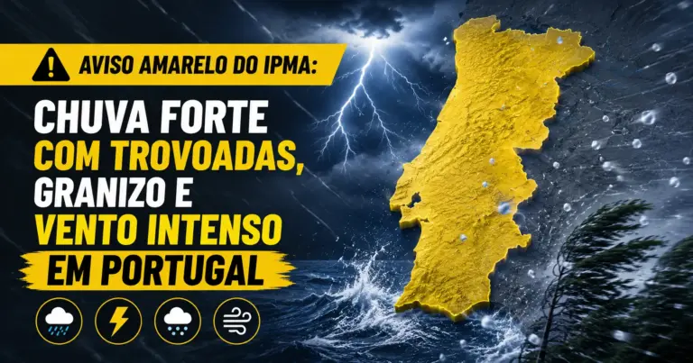 Aviso amarelo do IPMA chuva forte com trovoadas, granizo e vento intenso em Portugal